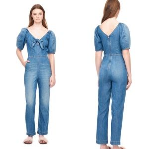 La Vie Rebecca Taylor Drapey Denim Jumpsuit Tie Front Puff Sleeve Pockets Cotton